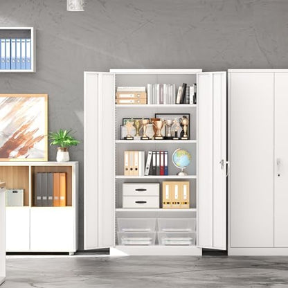 INTERGREAT Metal Storage Cabinet with Lock, 72" Office Storage Cabinet with Locking Doors and 4 Adjustable Shelves, White Lockable Steel Cabinet for Home Office, School