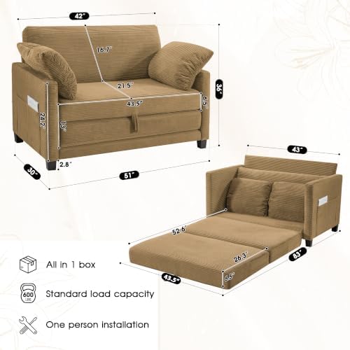 Myroyalsit 51" Convertible Loveseat Sofa Bed, 2-in-1 Folding Sofa Bed with 2 Pillow for Small Spaces, Modern Loveseat Sleeper Couch for Apartment, Living Room & Guest Room (Brown Corduroy, 51 inch)