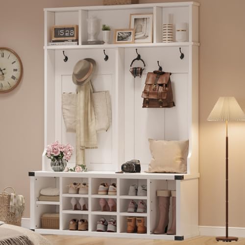Garvee Farmhouse Entryway Hall Tree with Bench, Shoe Storage & Coat Rack