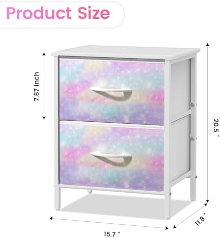 Stero Nightstand, Kids Dresser with 2 Drawers, Steel Frame Bedside Furniture, Wood Top Fabric Night Stand, Colorful End Table for Home, Bedroom, Office Tie-dye White