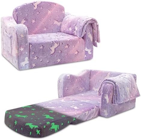 Comfy Kids Sofa Chair, 2-in-1 Fold Out Couch with Blanket