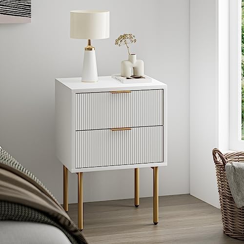 Masupu Nightstand,Mid-Century Modern Bedside Table with 2 Storage Drawer,Small Gold Frame Side End Table for Bedroom,Living Room, White