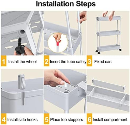 Slim Storage Cart 3 Tier,Bathroom Organizer Rolling Utility,Mobile Shelving Unit Slide Out for Office, Kitchen, Laundry Room & Narrow Places,Gray