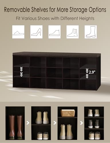 Shoe Storage Bench with Cushion, 15-Cubby Shoe Rack with Seat
