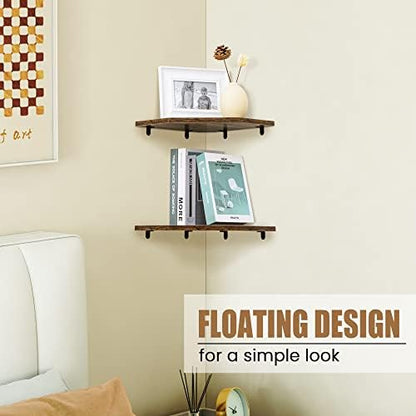 Corner Shelf Wall Mount, Floating Corner Shelves, Set of 4 Corner Wall Shelf Organizer, Rustic Wood Wall Storage Display Shelves for Living Room Bedroom Bathroom Kitchen, Rustic Brown