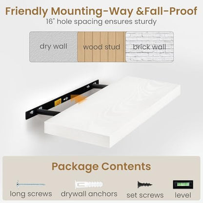 White Floating Shelves 55 Inch Long, 9.3 Inch Deep Floating Shelf for Wall, Living Room, Bedroom, Kitchen, Large Deep Wall Shelves with Invisible Bracket for Books, Decor