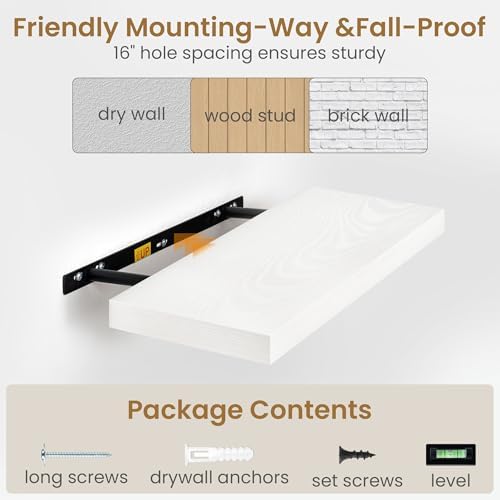 48 Inch Floating Shelves in White, 9.3 Inch Deep Wall Shelves for Bathroom, Living Room, Bedroom, Kitchen, Deep Long Shelf Wall Mounted 2 Pack Shelf for Books, Decor
