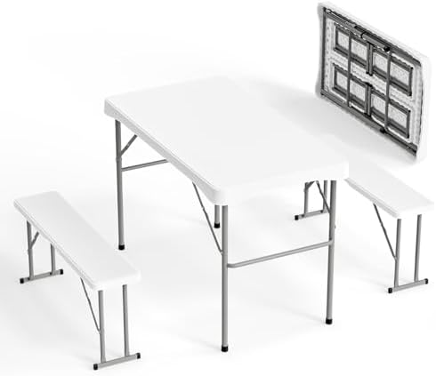 VINGLI Picnic Table Set with 2 Benches, 6 Feet Camping Table Chair Set, Heavy-Duty HDPE Material with Metal Frame, 3-Piece Folding Furniture for Indoor or Outdoor Use (3.5ft White)