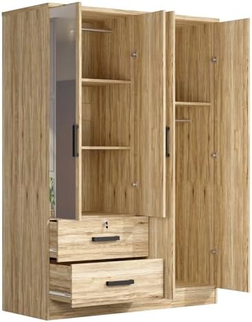 Woodpeckers Furniture And Mattress 4 Mirrored Doors Wardrobe 2 Drawers with Shelves 72 high (1 Mirror, Natural Oak)