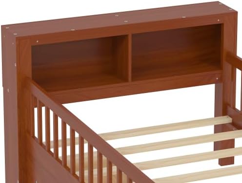 Bellemave Kids Twin Bed Frame with Fences, 2 Drawers & Storage Headboard, Twin Size Platform Bed with 3-Side Guardrails for Kids, Girls & Boys, Walnut