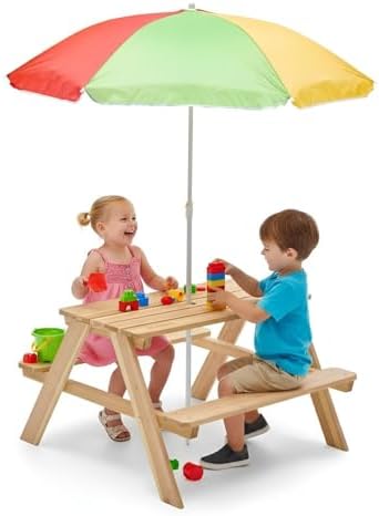 Plum® Wooden Kids Picnic Table - Outdoor Toddler Activity Table and Chair Set with Removable & Adjustable Umbrella, Built-in Bench, Backyard Furniture, Durable, Weatherproof, Easy to Clean, Ages 2+