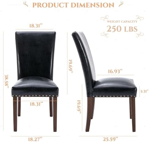 Parsons Dining Chairs Set of 4, Upholstered Nailhead PU Leather Dining Room Kitchen Side Chair with Thick Cushions and Wood Legs, Black