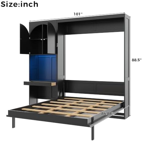 MERITLINE Queen Murphy Bed with Desk and Storage Cabinet & LED Lights, Solid Wood Folding Murphy Wall Bed Cabinet with Storage,Vanity Desk and Drawers,for Library,Guest Room,Office (Black,Queen)