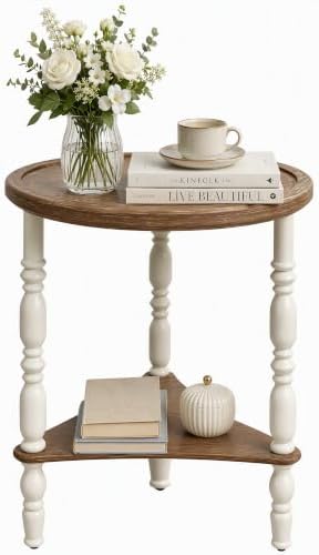 Round Side Table, Farmhouse 2-Tier End Table, White, 19.7"D x24"H