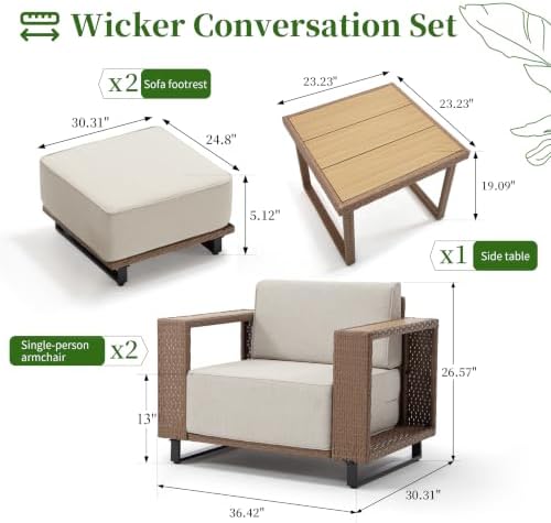 Bonzy Home 4 Piece Patio Furniture Set, Wicker Lounge Chairs Set of 2 with Rattan Side Table and 2 Ottoman, Outdoor Patio Furniture with Extra-Thick Soft Cushions for Porch, Balcony