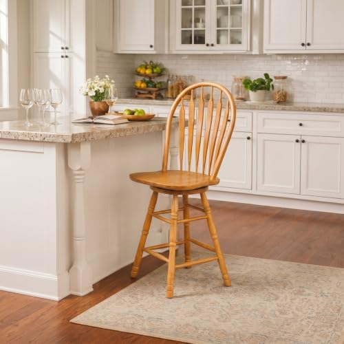 Sunset Trading Selections 24" Counter Height Swivel Barstool | Farmhouse Country Cottage Windsor Arrowback Café Stool | Light Oak Solid Wood | Dining Room Kitchen Home Bar Furniture