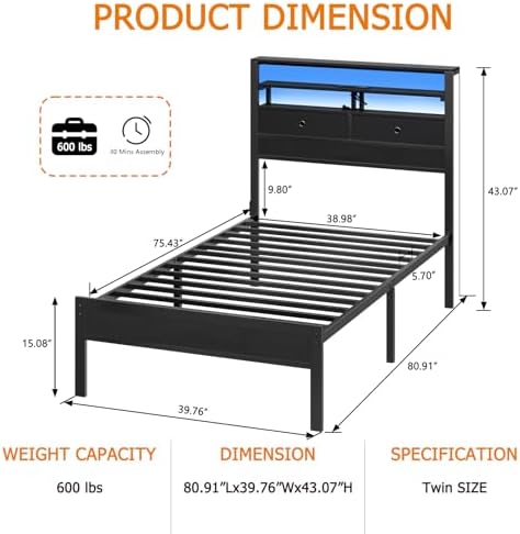 Twin Bed Frames with Charging Station and LED Lights, Black Oak