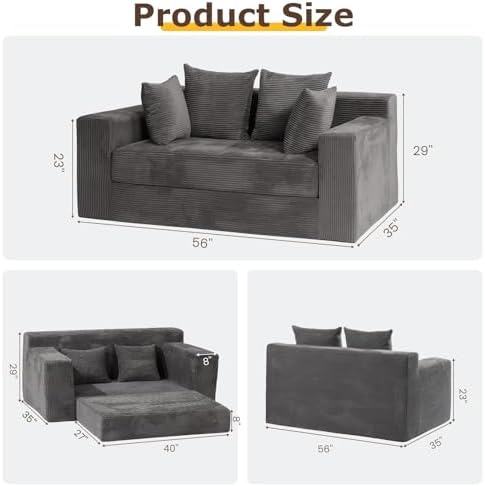 Convertible Sofa Bed, 3 in 1 Loveseat Folding Couch Bed Foldable - Boneless Couch & Floor Futon, Corduroy Pull Out Sofa Bed with 4 Pillows for Living Room, Grey