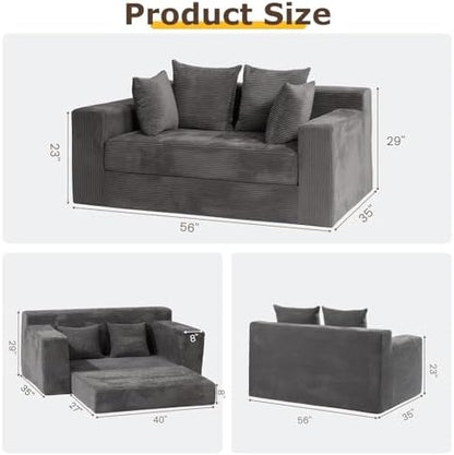 Convertible Sofa Bed, 3 in 1 Loveseat Folding Couch Bed Foldable - Boneless Couch & Floor Futon, Corduroy Pull Out Sofa Bed with 4 Pillows for Living Room, Grey