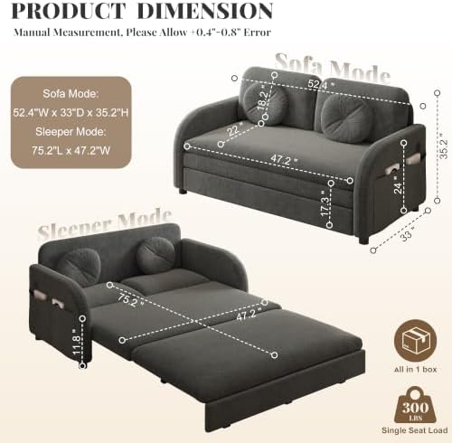 52.4" Full Size Sleeper Sofa Bed, 3-in-1 Pull Out Chenille Couch