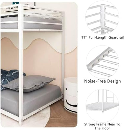 GDFStudio Bunk Bed Twin Over Twin Size, Corner Bed Frame with Metal Safety Guard Ladder,No Box Spring Needed, Noise Free, White