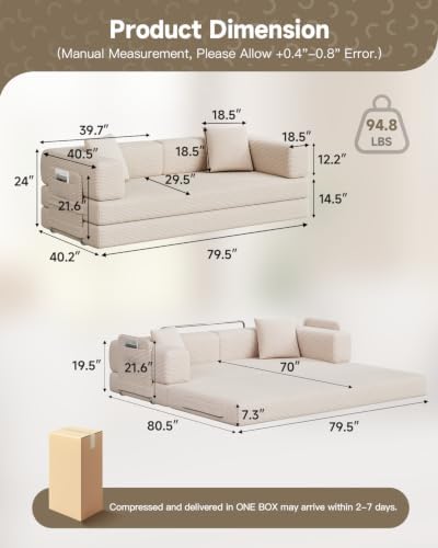 79.5" 5-in-1 Boneless Futon Sofa Bed, Corduroy, Washable Cover, No Assembly