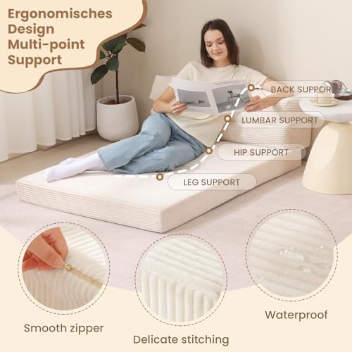 JUIKURY Folding Sofa Bed, Convertible Sleeper Chair with Pilow Foldable Matress, 2 in 1 Pull Out Loveseat Sofa Portable Fold Out Chair Bed Floor Couch Lounge for Living Room Bedroom (Beige, Full)