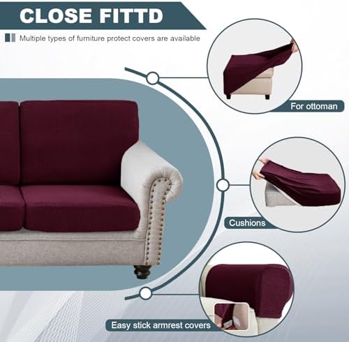 Seat Cushion Cover and Back Covers for Corner Sofa Stretch Jacquard, Non Slip L Shaped Sofa Slipcover with Storage Ottoman, Sectional Couch Cover for Chaise Lounge (Wine red,Ottoman 15 x 15 x 16”)