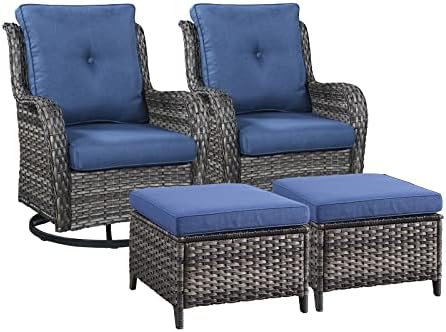 Rilyson Luxury 4 Pieces Patio Wicker Furniture Set, Outdoor Rattan Bistro Set with Rocking Swivel Chair, Ottoman and Thickened Cushions (Grey/Blue)