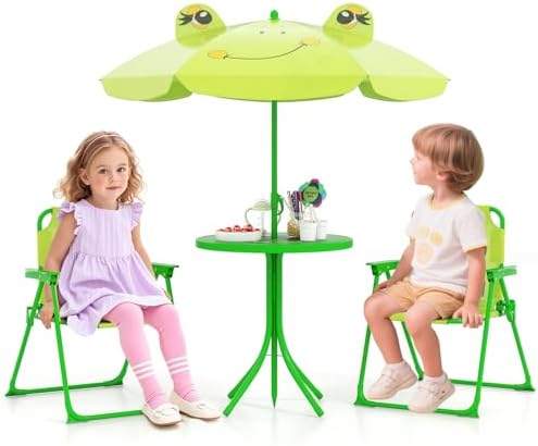 HONEY JOY Kids Picnic Table, Animal Themed Toddler Outdoor Table and Chair Set, 2 Folding Chairs & Removable Umbrella, Children Outdoor Furniture for Backyard Patio Garden (Light Green Frog)
