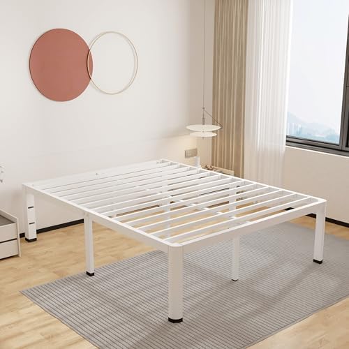 ROIL 20 Inch White Full Bed Frame with Rounded Corner & 4 Mattress Baffles