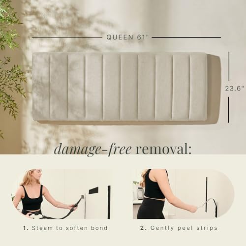 Nestl Upholstered Queen Headboard - Easy Assemble Channel Stitched Headboard Queen Size - Wall Mounted Headboards with 3D Soundproof Wall Panels Peel & Stick Floating Headboards, Linen
