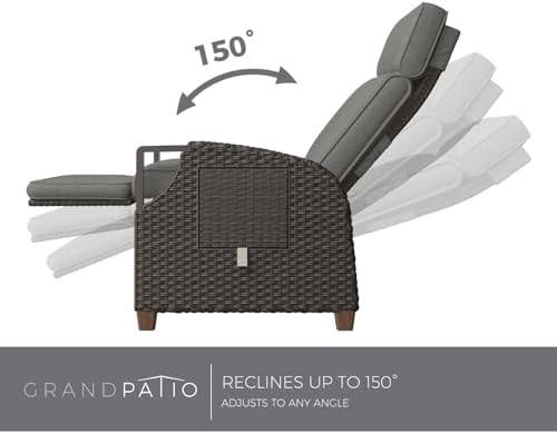Grand patio Outdoor Recliner Air Pump 150° Lay Flat Reclining Chair with Independent Adjustable Back and Footrest Removable Olefin Cushion Flip-Up Table Wicker Grey 2PCS