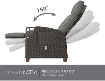 Grand patio Outdoor Recliner Air Pump 150° Lay Flat Reclining Chair with Independent Adjustable Back and Footrest Removable Olefin Cushion Flip-Up Table Wicker Grey 2PCS
