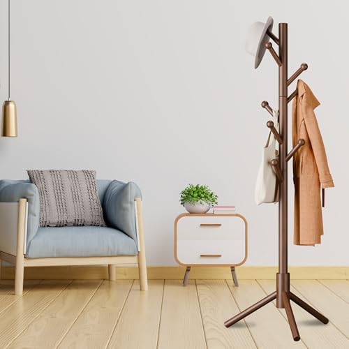 8-Hook Freestanding Coat Rack 3 Heights Safe Round Tips Brown