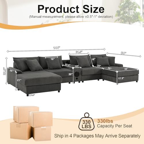 144" Corduroy Sectional Modular Couch with Speakers