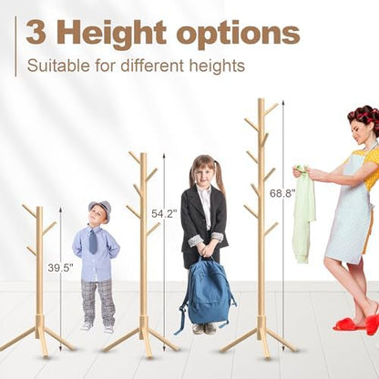 Wooden Coat Rack Stand, Freestanding Coat Rack with 8 Hooks, 3 Adjustable Size Coat Tree for Hats, Coats, Scarves bags, Coat Hanger Stand Used in Bedroom/Office/Entryway,2 PCS (Natural)