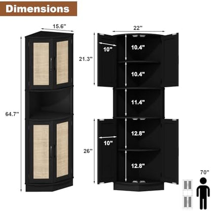 Tall Corner Cabinet, 64.7" Rattan Corner Storage Cabinet, 4 Doors