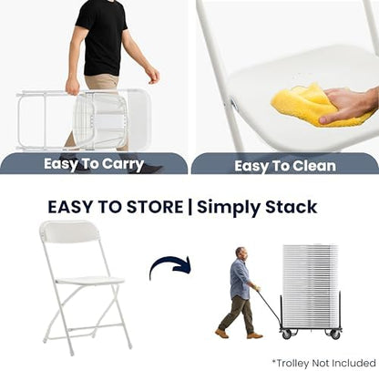 Set of 5 Pack, White Plastic Folding Chair Steel Frame Commercial High Capacity Event Chair Lightweight Set for Office Wedding Party Picnic Kitchen Dining Church School