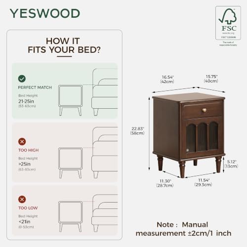 Solid Wood Nightstand with Drawer and Fluted Glass Door – Mid Century Modern Farmhouse Bedside Table, Right-Opening Door, 15.75" D x 16.54" W x 22.83" H