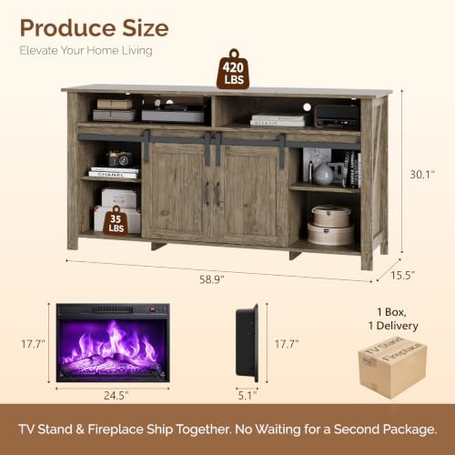 VINGLI 58" Fireplace TV Stand for up to 65" TVs, 1 Pakage, Gray Oak