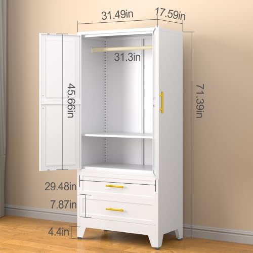 RIETERN Metal Armoire Wardrobe Closet, 71" Tall White Bedroom Closet