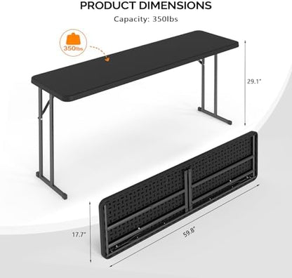 VINGLI 5 FT Narrow Folding Table,Premium Quality HDPE Material and Sturdy Metal Frame, Perfect for Buffet, Seminar, Party, Training, Home Work, Black