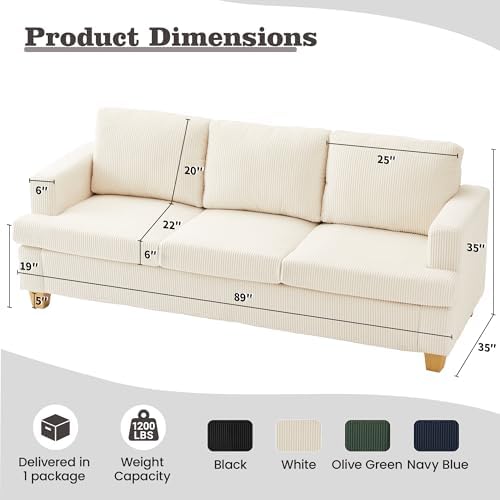 Apicizon Loveseat & 3 Seater Sofa Sets, 89" Couch Sofa Set for Living Room Furniture Sets, 2 Piece Deep Seat Sleeper Sofa, Couch and Loveseat Sets for Apartment, White Corduroy