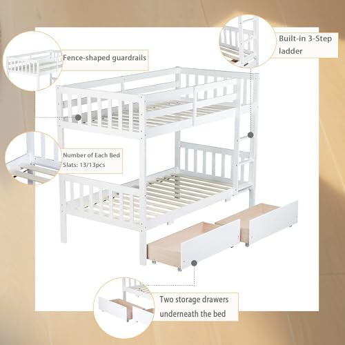 Harper & Bright Designs Wood Twin-Over-Twin Bunk Bed with 2 Storage Drawers and Ladder - Can Be Divided Into Two Platform Beds, White