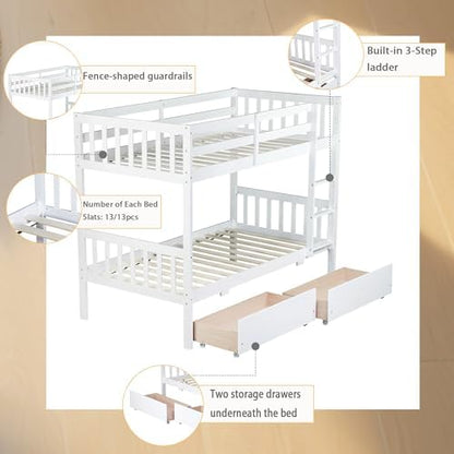 Harper & Bright Designs Wood Twin-Over-Twin Bunk Bed with 2 Storage Drawers and Ladder - Can Be Divided Into Two Platform Beds, White