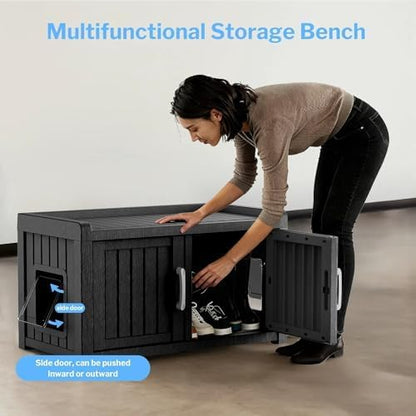 2 Doors Shoe Storage Bench - 2 Side Door Hidden Furniture Cabinet with Storage, Waterproof Entryway Bench with Seat for Indoor Outdoor, Outdoor Shoe Bench for Bedroom, Hallway, Black