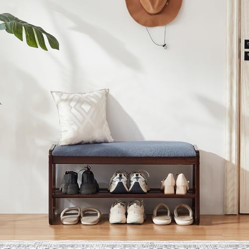 Shoe Rack Bench, 2 Tier Solid Wooden Entryway Bench(Grayish Blue, 31.5")