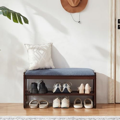 Shoe Rack Bench, 2 Tier Solid Wooden Entryway Bench(Grayish Blue, 31.5")