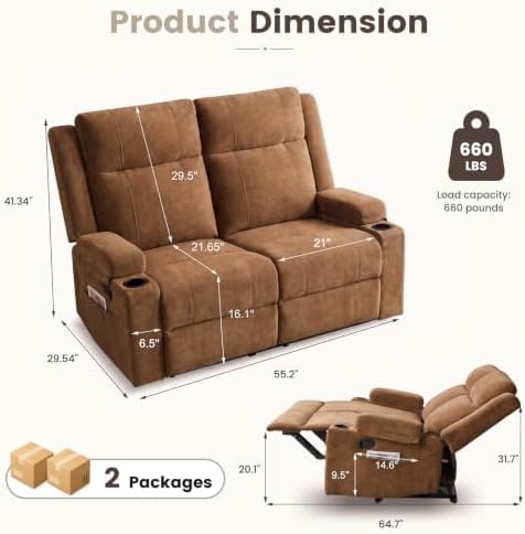 Recliner Loveseat, Double Recliner Loveseat with Cup Holders & Storage Pockets,Wall Hugger Reclining Loveseat 150° Adjustable RV Couch,Manual Reclining Loveseat for Living Room & Home Theater